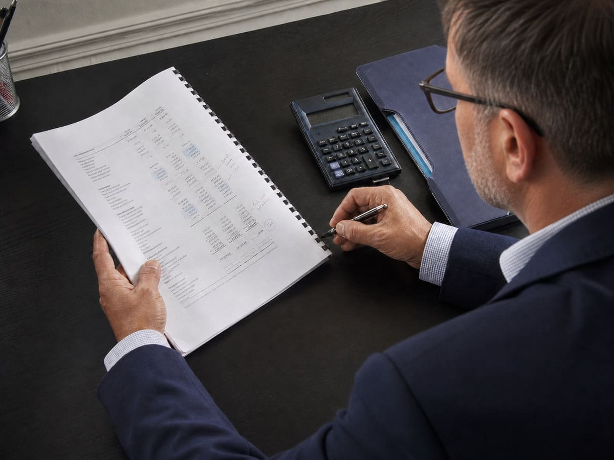 An accountant checking a set of year-end company accounts